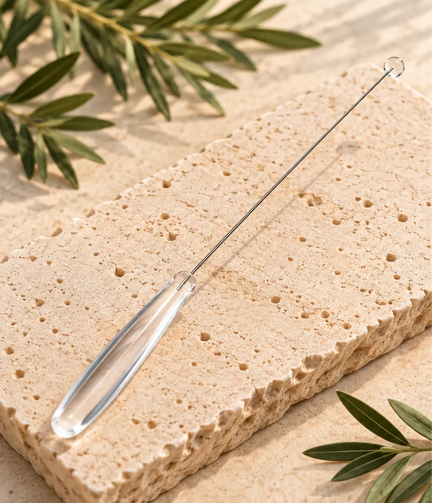 Biotensor Light Beam con mango y terminal transparentes sobre piedra natural.