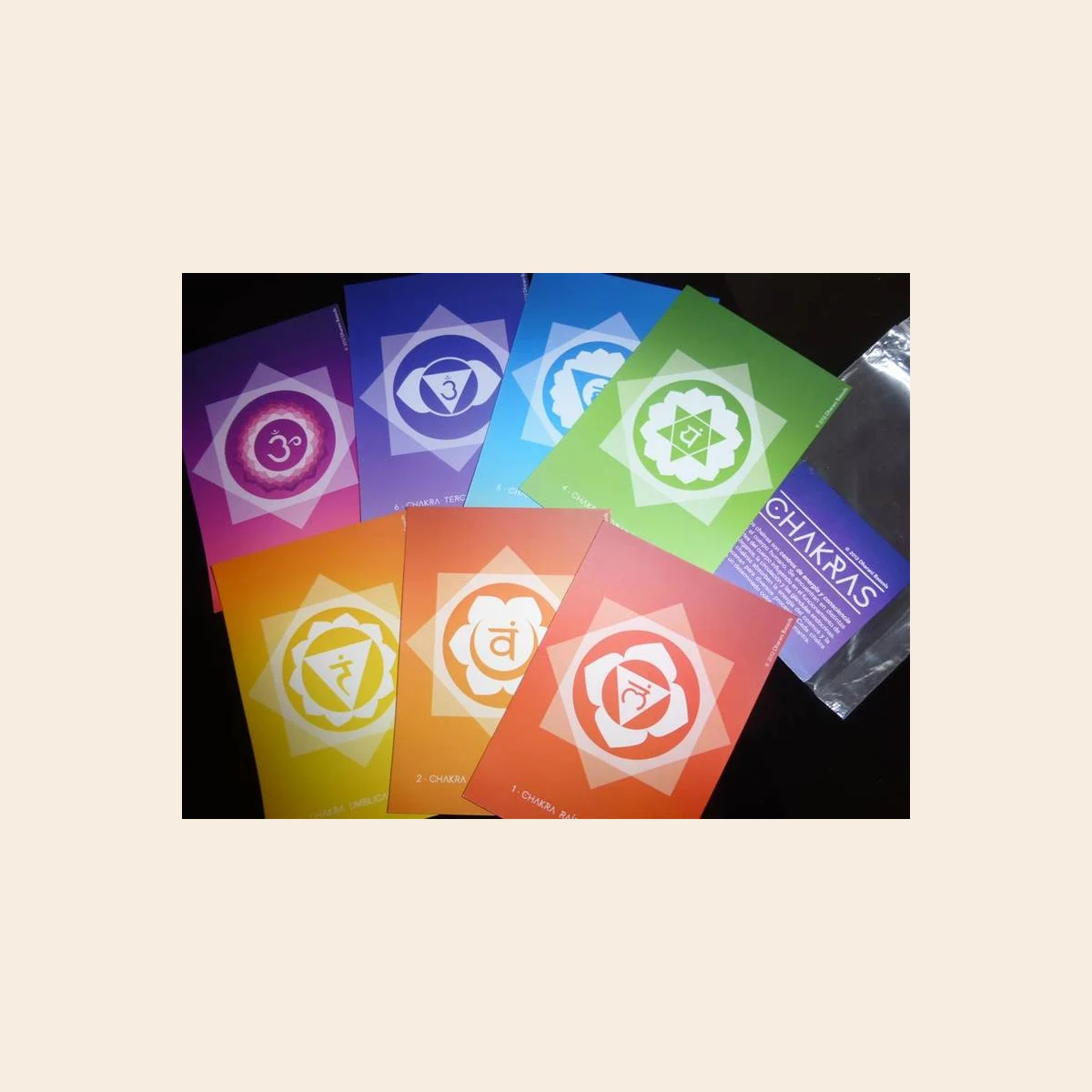 Juego de siete cartas de los chakras con sus colores y símbolos
