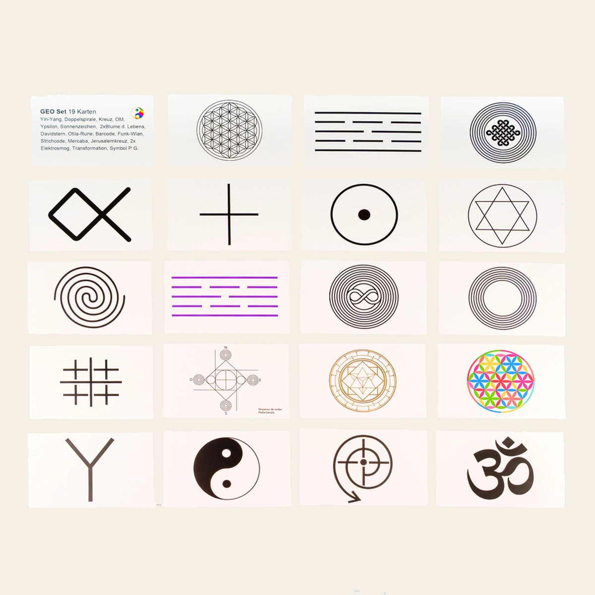 Juego de tarjetas GEO ordenadas en filas con símbolos geométricos, Yin-Yang, OM y Flor de la Vida
